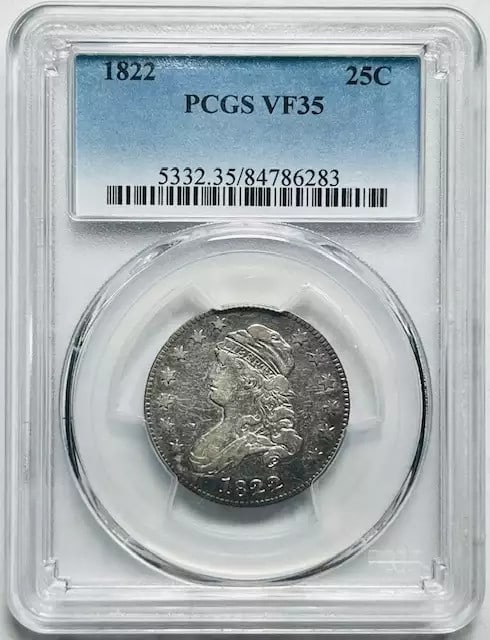 1822 Silver Quarter Dollar Philadelphia PCGS VF 35: 1822 Silver Quarter Dollar Philadelphia PCGS VF 35 This 1822 Capped Bust Quarter Dollar has been certified by PCGS with a grade of VF 35. Minted in Philadelphia, this coin is composed of silver and is
