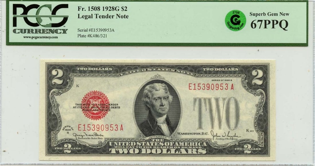 PCGS MS67 1928 $2 Legal Tender FR1508 United States Note Green Seal: PCGS MS67 1928 $2 Legal Tender FR1508 United States Note Green Seal This is a 1928 $2 Legal Tender Note from the United States, certified by PCGS Currency with a grade of Superb GEM 67 EPQ. The note i