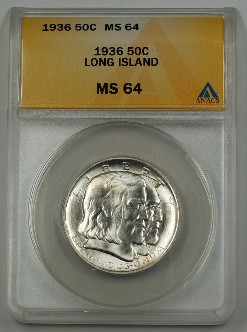 ANACS MS 64 1936 Long Island Silver Commemorative Half Dollar Coin: ANACS MS 64 1936 Long Island Silver Commemorative Half Dollar Coin This 1936 Long Island Silver Half Dollar is a commemorative coin from the United States, certified by ANACS with a grade of MS 64. St