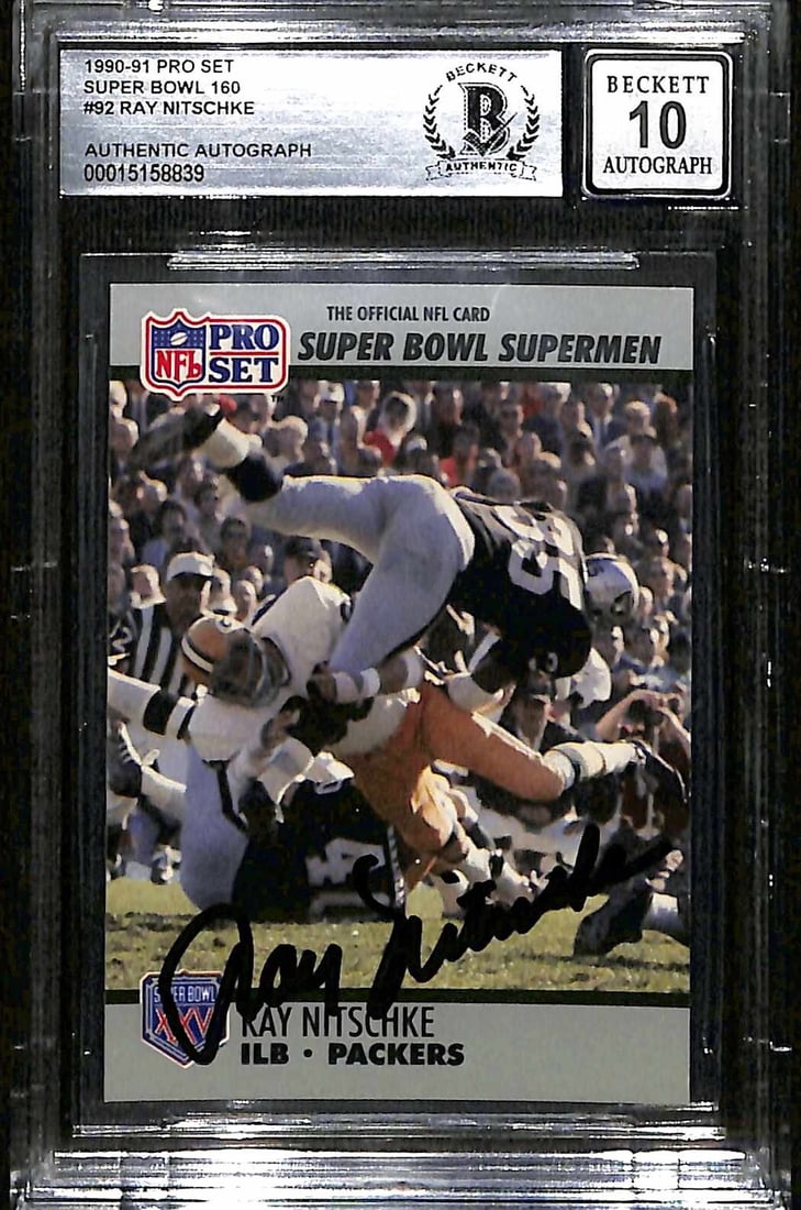 Ray Nitschke Signed 1990 Pro Set Super Bowl Card Beckett Auto Grade 10: Ray Nitschke Signed 1990 Pro Set Super Bowl Card Beckett Auto Grade 10 This is an original 1990/91 Pro Set Super Bowl #92 sports trading card featuring Green Bay Packers Hall of Famer Ray Nitschke. Th