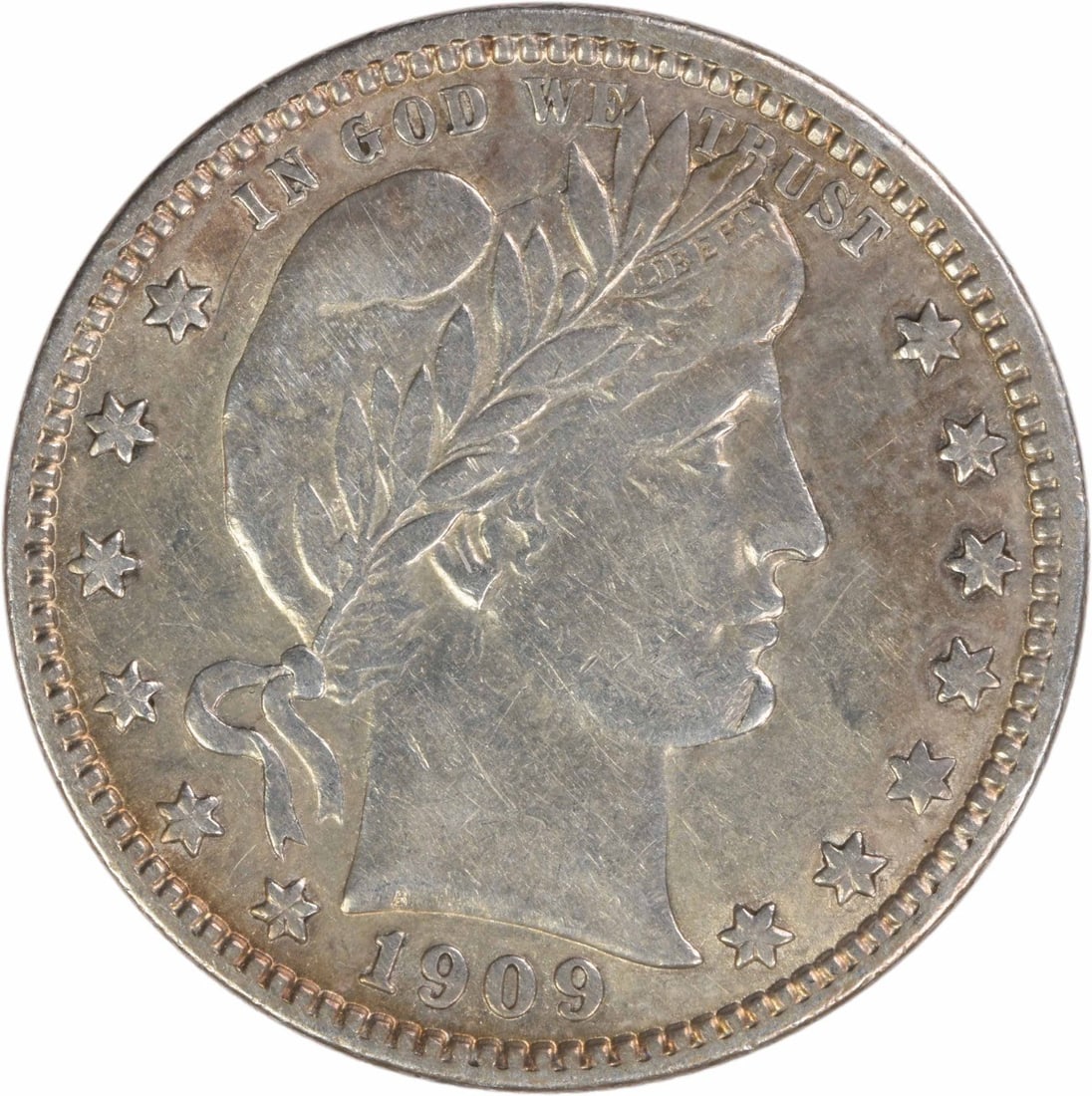 San Francisco 1909 Barber Quarter 90 Percent Silver AU Grade Uncertified: San Francisco 1909 Barber Quarter 90 Percent Silver AU Grade Uncertified This is a 1909-S Barber Silver Quarter from the San Francisco Mint. Designed by Charles E. Barber, this coin features a composi