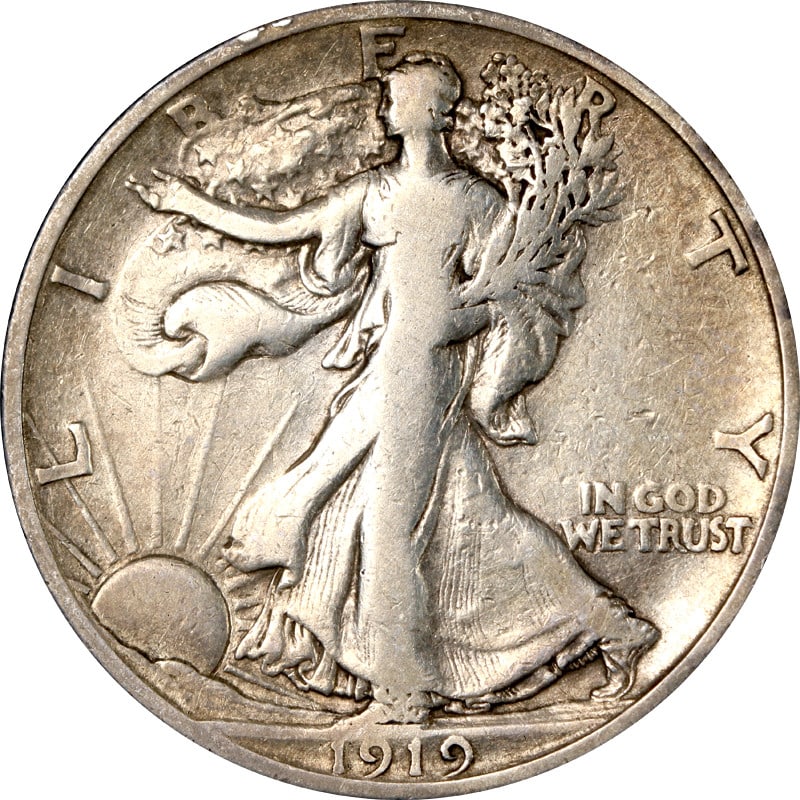 1919 San Francisco Walking Liberty Silver Half Dollar Coin: 1919 San Francisco Walking Liberty Silver Half Dollar Coin This is a 1919-S Walking Liberty Half Dollar coin from the United States. The coin is circulated and made of silver with a fineness of 0.9. I