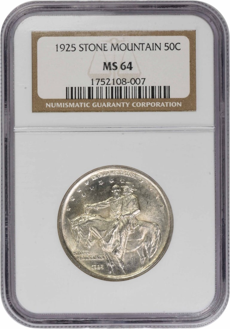 1925 NGC MS64 Stone Mountain Silver Commemorative Half Dollar: 1925 NGC MS64 Stone Mountain Silver Commemorative Half Dollar This 1925 Stone Mountain Commemorative Half Dollar is composed of silver and graded MS64 by NGC. It is an uncirculated, pre-owned coin fro