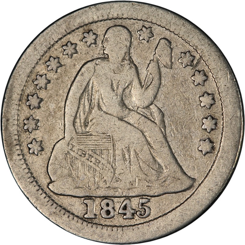 1845-O Seated Liberty Dime Key Date Silver Coin F Grade: 1845-O Seated Liberty Dime Key Date Silver Coin F Grade This 1845-O Seated Liberty Dime is a key date coin known for its attractive eye appeal and quality strike. The coin features nice color and surf