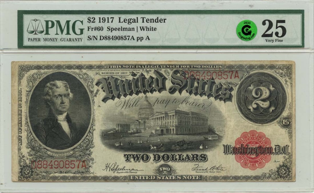 PMG VF25 1917 Two Dollar Legal Tender Note FR60 Certified: PMG VF25 1917 Two Dollar Legal Tender Note FR60 Certified This 1917 $2 Legal Tender Note is a historic currency piece, certified by PMG with a grade of VF25. It features the distinctive small red seal