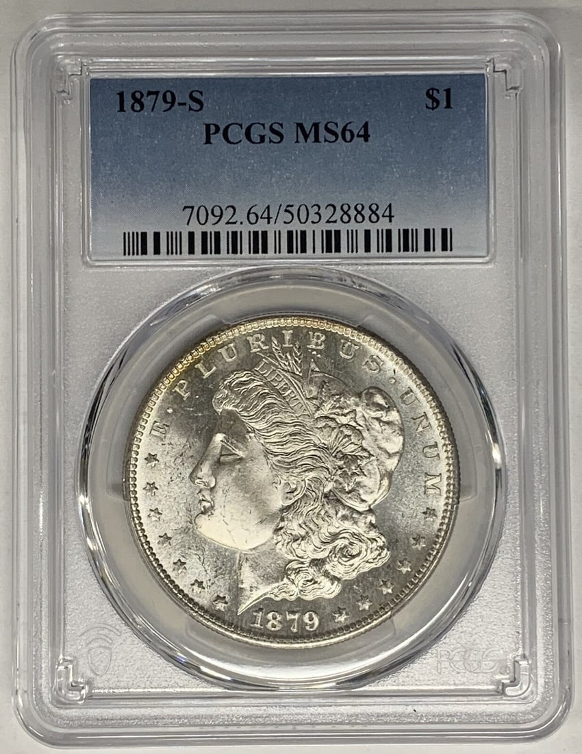 PCGS MS 64 1879-S Morgan Silver Dollar Certified Uncirculated Coin: PCGS MS 64 1879-S Morgan Silver Dollar Certified Uncirculated Coin This is an un-used 1879-S Morgan Silver Dollar coin certified by PCGS with a grade of MS 64. The coin is composed of silver and featu