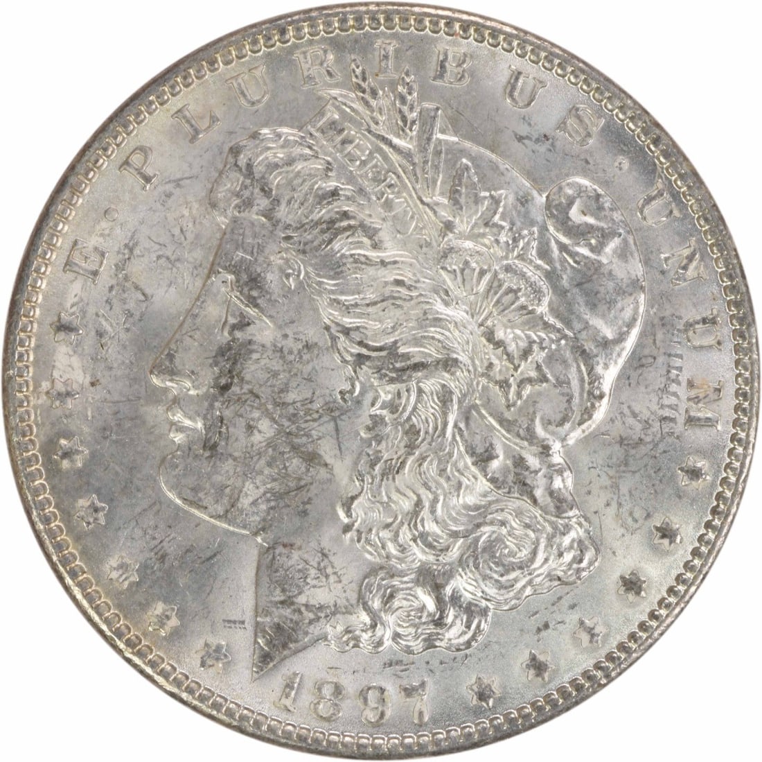 1897 Morgan Silver Dollar BU Uncertified Silver Coin: 1897 Morgan Silver Dollar BU Uncertified Silver Coin This 1897 Morgan Silver Dollar is a remarkable piece of numismatic history, showcasing the beauty of American coinage. It features an uncirculated