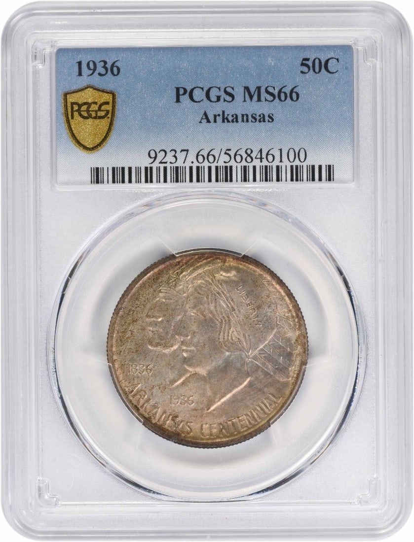 1936 Arkansas Silver Half Dollar MS66 Commemorative Coin PCGS Certified: 1936 Arkansas Silver Half Dollar MS66 Commemorative Coin PCGS Certified This Arkansas Commemorative Half Dollar from 1936 is graded MS66 by PCGS and features attractive toning. Struck at the Philadelp