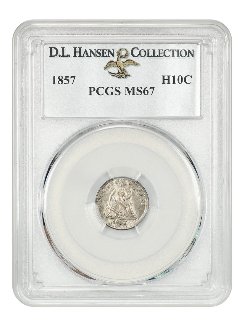 1857 H10C Liberty Seated Half Dime PCGS MS67 D.L. Hansen: 1857 H10C Liberty Seated Half Dime PCGS MS67 D.L. Hansen This 1857 H10c Liberty Seated Half Dime is certified by PCGS with a grade of MS67, showcasing exceptional quality and detail. The coin features