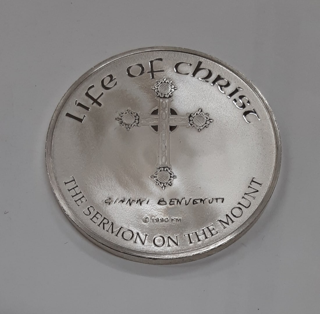 Sterling Silver Life of Christ Medal Sermon On The Mount Benvenuti Design: Sterling Silver Life of Christ Medal Sermon On The Mount Benvenuti Design This Franklin Mint Life of Christ medal, part of a proof silver medal set produced in the 1990s, features the artwork of Giann