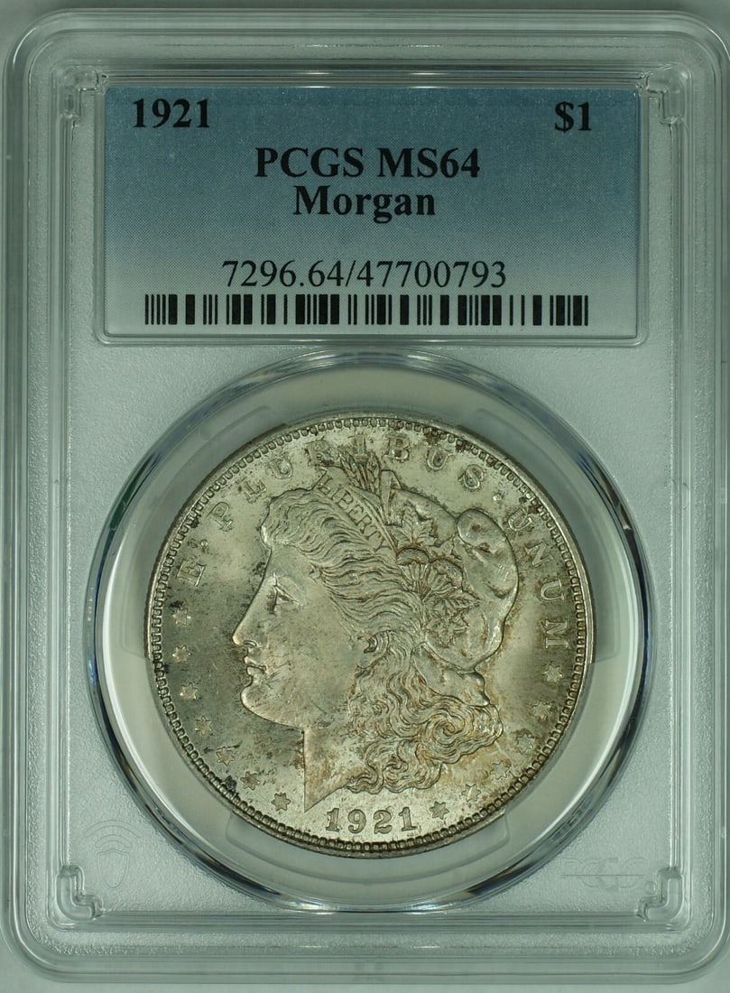 PCGS MS 64 Certified 1921 Silver Morgan Dollar Coin: PCGS MS 64 Certified 1921 Silver Morgan Dollar Coin This 1921 Morgan Silver Dollar coin is certified by PCGS with a grade of MS 64. Struck in silver, it is an uncirculated coin from the United States