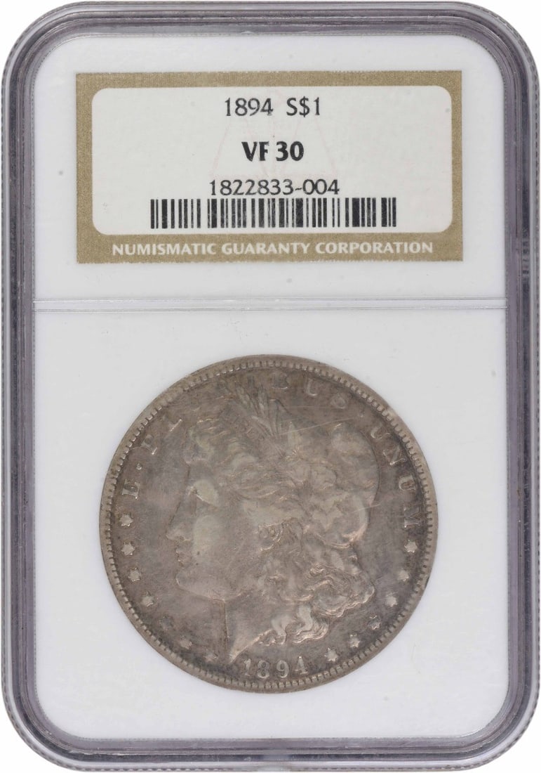 1894 Philadelphia Morgan Dollar 90 Percent Silver NGC VF30: 1894 Philadelphia Morgan Dollar 90 Percent Silver NGC VF30 This 1894 Morgan Silver Dollar is certified by NGC and graded VF30. Struck at the Philadelphia Mint with no mint mark, this circulated coin i