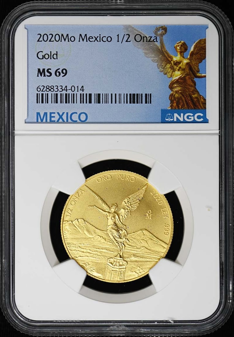 NGC MS69 2020 Mexico 1/2 Oz Gold Libertad Coin Limited Mintage: NGC MS69 2020 Mexico 1/2 Oz Gold Libertad Coin Limited Mintage This is a 2020 Mexico Gold Libertad 1/2 ounce coin certified by NGC with a grade of MS69. It is an un-used coin with a limited mintage of