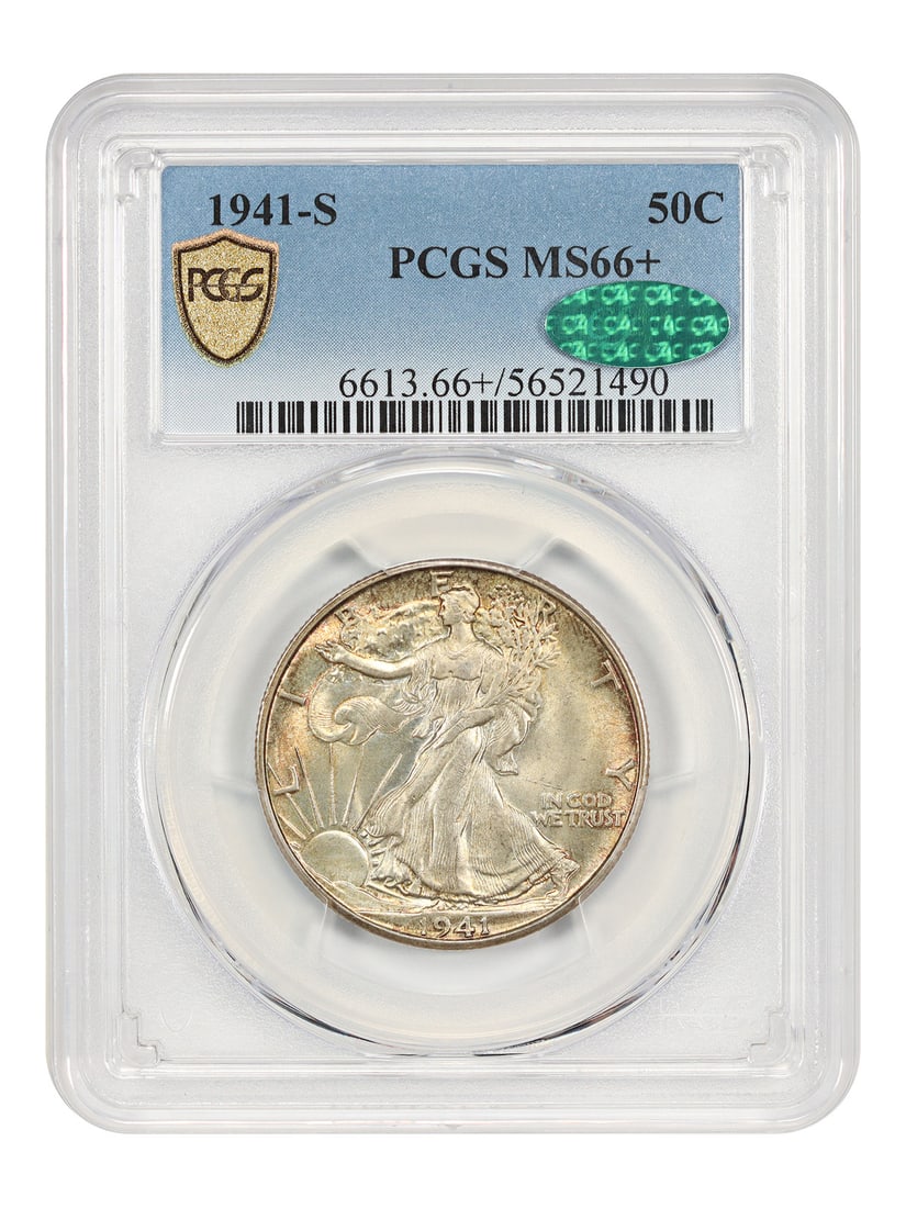 PCGS CAC MS66 Plus 1941-S Walking Liberty Half Dollar San Francisco Mint: PCGS CAC MS66 Plus 1941-S Walking Liberty Half Dollar San Francisco Mint This 1941-S Walking Liberty Half Dollar is an uncirculated coin graded MS66+ by PCGS and certified by CAC. Struck at the San Fr