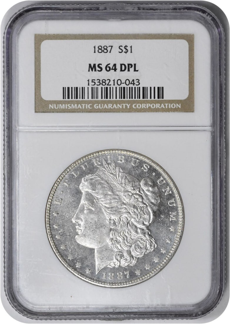 NGC MS64 DPL 1887 Morgan Dollar Philadelphia Mint 90 Percent Silver: NGC MS64 DPL 1887 Morgan Dollar Philadelphia Mint 90 Percent Silver This is an 1887 Morgan Silver Dollar graded MS64DPL by NGC. The coin is uncirculated and features a composition of 90% silver and 10
