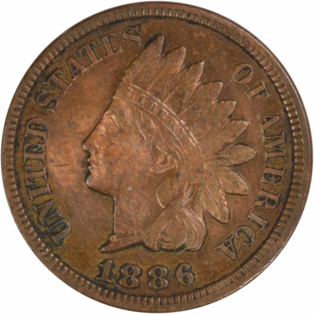 AU Grade 1886 Indian Head Small Cent Uncertified Philadelphia Issue: AU Grade 1886 Indian Head Small Cent Uncertified Philadelphia Issue This 1886 Type 2 Indian Head Cent is an uncertified, circulated coin from the Philadelphia Mint. Designed by James Barton Longacre,