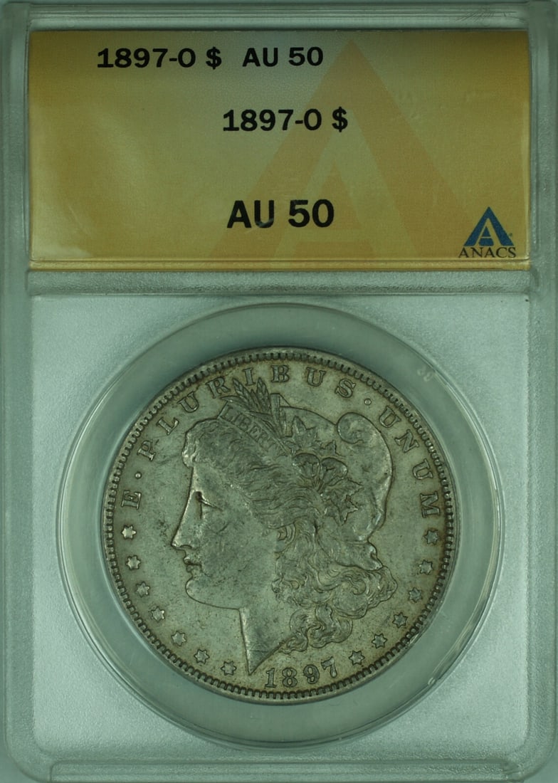 ANACS AU-50 1897-O Morgan Dollar Silver $1 Coin from New Orleans Mint: ANACS AU-50 1897-O Morgan Dollar Silver $1 Coin from New Orleans Mint This is a 1897-O Morgan Silver Dollar graded AU-50 by ANACS. Minted in New Orleans, this circulated $1 coin is composed of 90% sil
