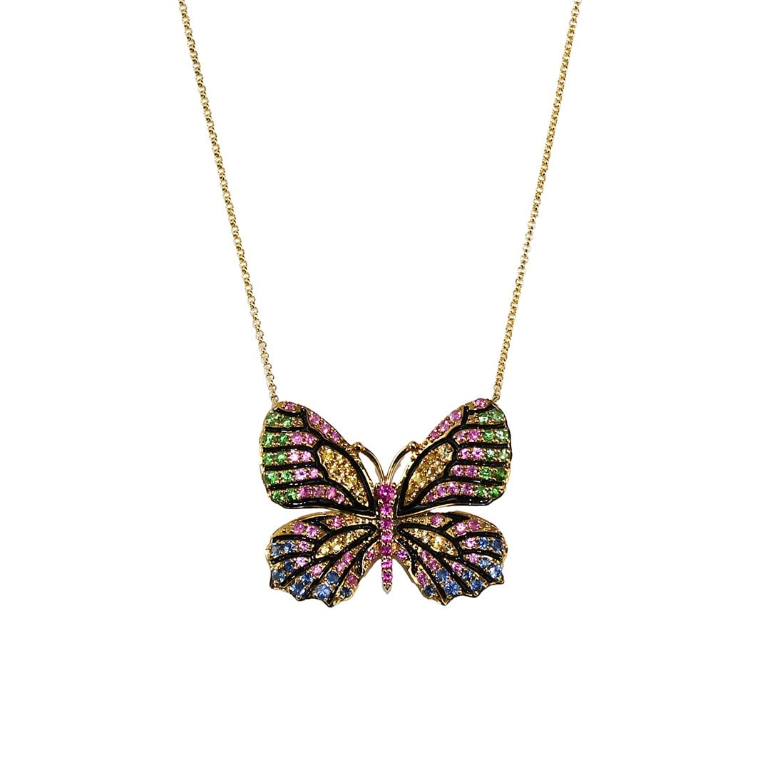 Gemstone Butterfly Pendant Necklace in 14k Yellow Gold with Sapphires and Emeralds: Gemstone Butterfly Pendant Necklace in 14k Yellow Gold with Sapphires and Emeralds This 14K yellow gold necklace features a butterfly pendant adorned with natural pink, yellow, and blue sapphires, as