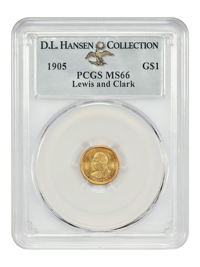 1905 Lewis and Clark Gold Dollar PCGS MS66 Classic Commemorative Coin: 1905 Lewis and Clark Gold Dollar PCGS MS66 Classic Commemorative Coin This 1905 Lewis and Clark $1 Gold Commemorative coin is graded MS66 by PCGS and originates from the D.L. Hansen collection. With o