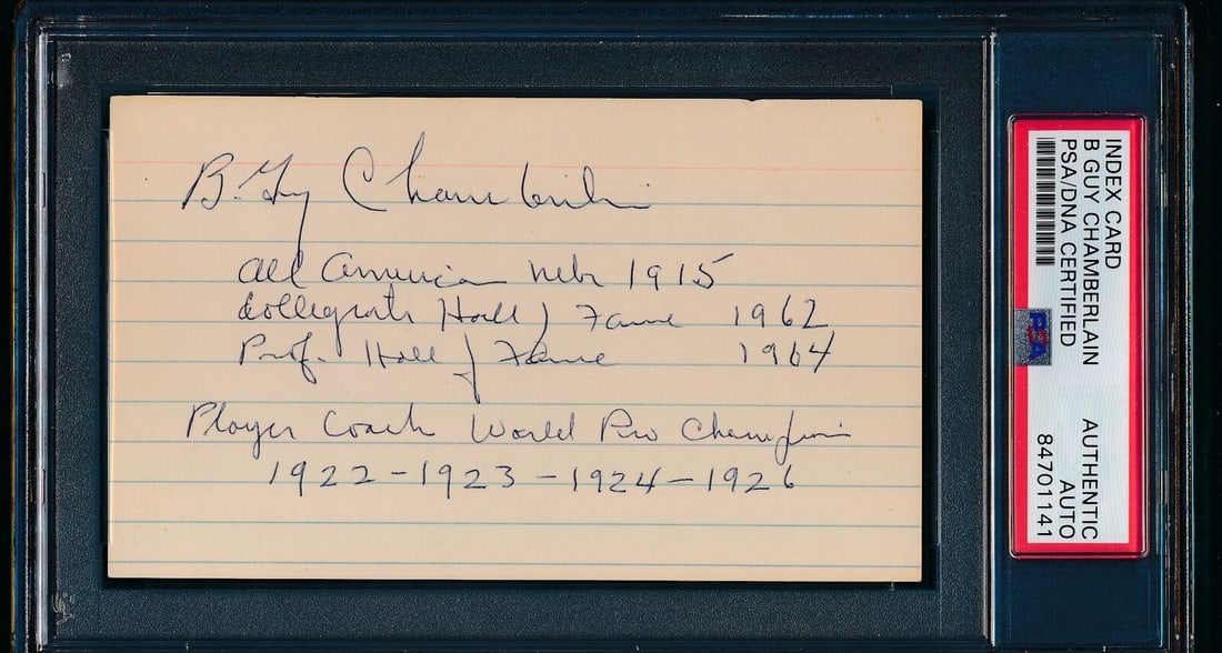 Guy Chamberlin Autographed 3x5 Index Card PSA/DNA NFL HOF Chicago Cardinals: Guy Chamberlin Autographed 3x5 Index Card PSA/DNA NFL HOF Chicago Cardinals This is an original 3x5 index card autographed by Guy Chamberlin, a member of the Pro Football Hall of Fame. The card featur