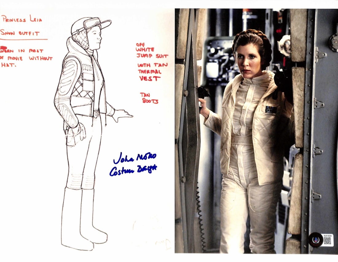 John Mollo Signed Star Wars ESB Hoth Leia 11x14 Photo Beckett Certified: John Mollo Signed Star Wars ESB Hoth Leia 11x14 Photo Beckett Certified This remarkable 11x14 photo features an autographed color image signed by John Mollo, the renowned costume designer for Star War