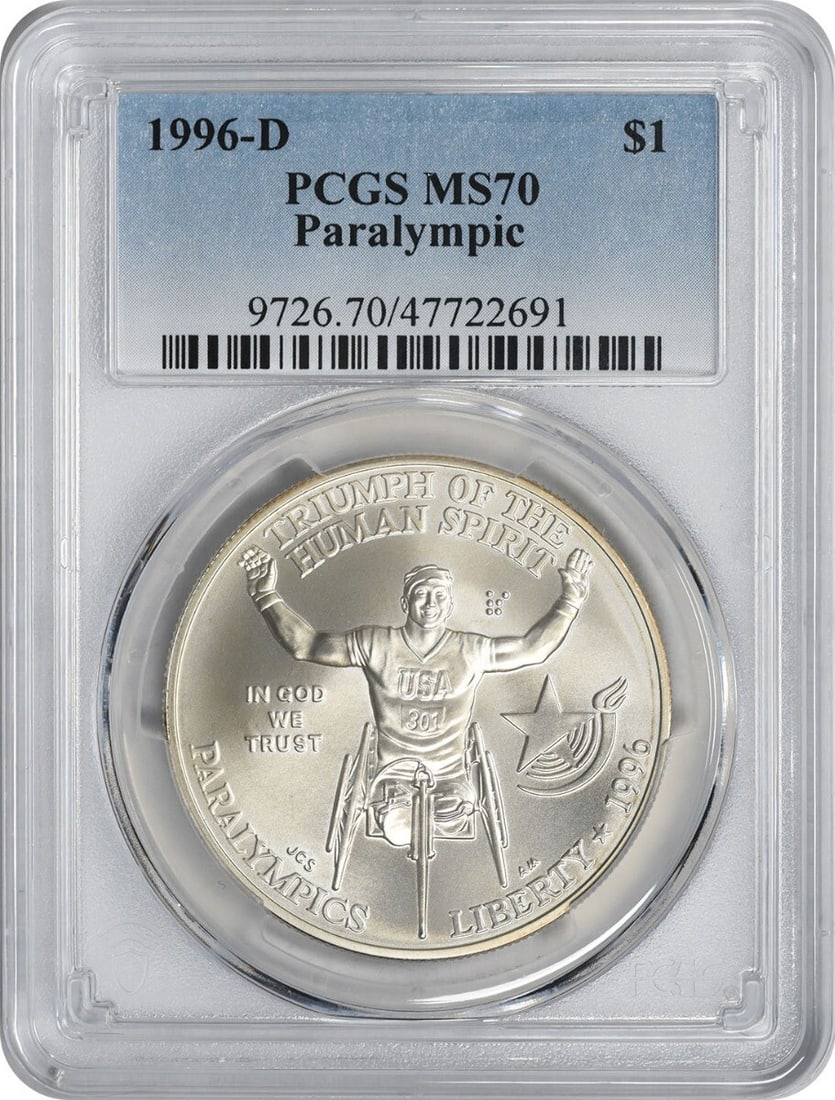 1996-D Wheelchair Paralympic Silver Dollar MS70 PCGS Commemorative Coin: 1996-D Wheelchair Paralympic Silver Dollar MS70 PCGS Commemorative Coin Celebrate the spirit of the Paralympics with this 1996-D Wheelchair Paralympic Silver Commemorative Dollar, graded MS70 by PCGS.