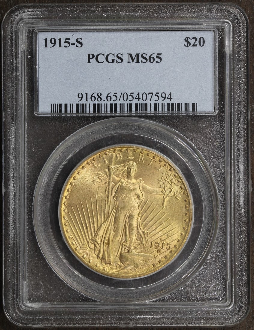 1915 San Francisco $20 Gold Saint Gaudens PCGS MS65 Double Eagle Coin: 1915 San Francisco $20 Gold Saint Gaudens PCGS MS65 Double Eagle Coin This 1915-S Saint Gaudens Gold Double Eagle $20 coin is an uncirculated piece graded MS65 by PCGS. Minted in San Francisco, it fea
