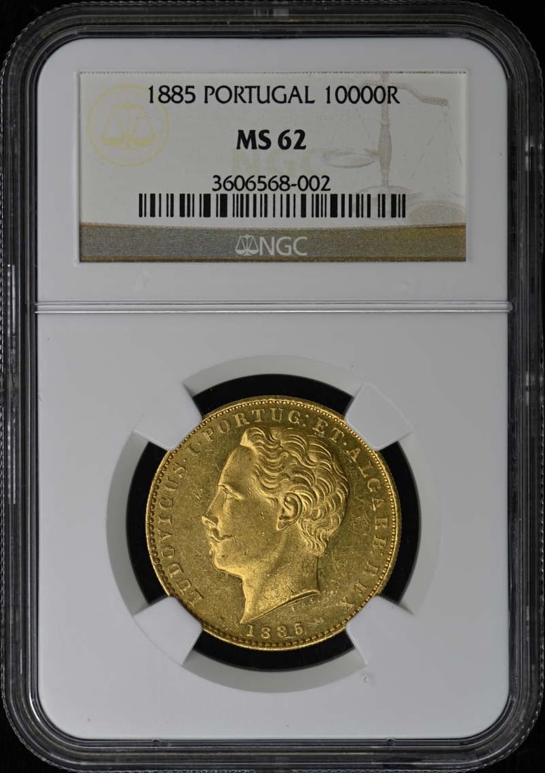 NGC MS62 1885 Portugal 10000 Reis Gold Coin .5529oz Mintage 21000: NGC MS62 1885 Portugal 10000 Reis Gold Coin .5529oz Mintage 21000 This is an 1885 Portugal 10000 Reis gold coin, graded MS62 by NGC. The coin is uncirculated and features a mintage of 21,000. It conta