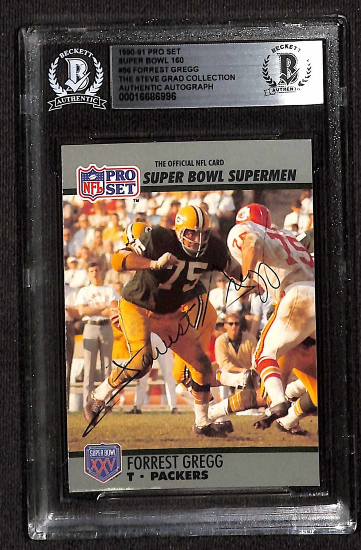 1990-91 Pro Set Super Bowl 160 Card Signed by Forrest Gregg Beckett Authenticated: 1990-91 Pro Set Super Bowl 160 Card Signed by Forrest Gregg Beckett Authenticated This is an original 1990-91 Pro Set Super Bowl 160 #55 sports trading card featuring Green Bay Packers tackle Forrest