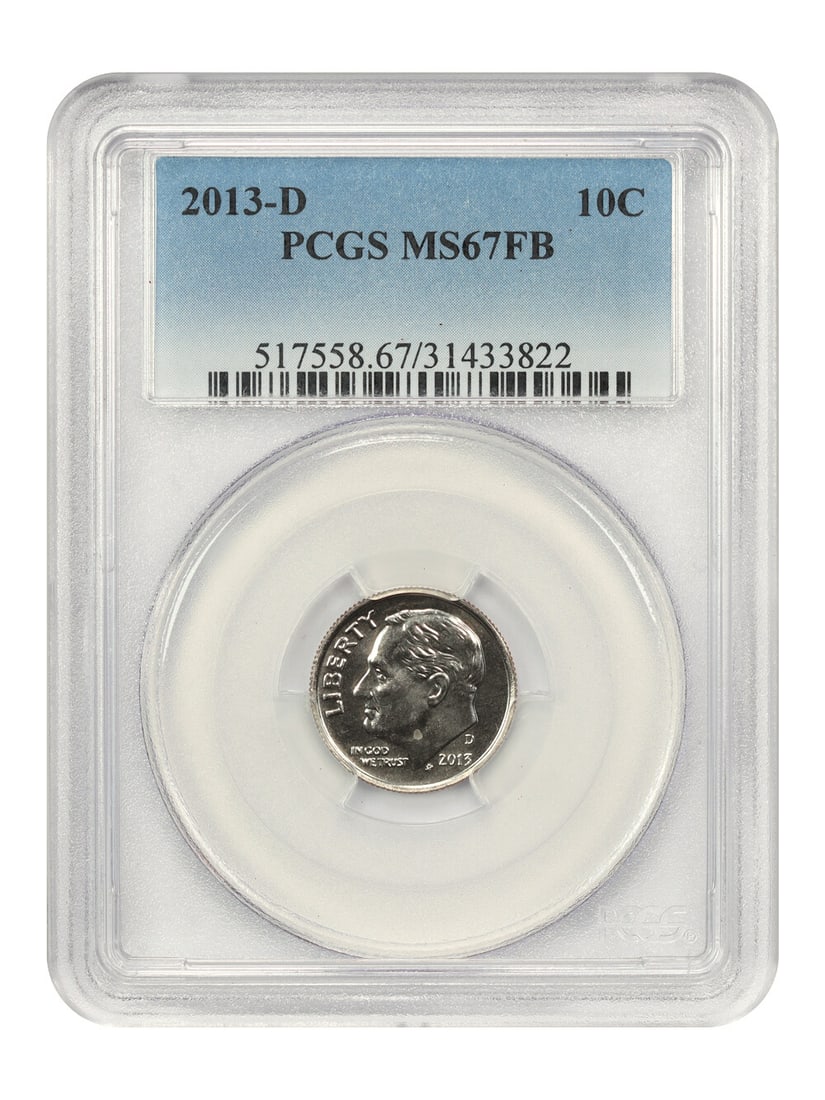 2013-D Roosevelt Dime 10C PCGS MS67 FB Uncirculated Denver Mint: 2013-D Roosevelt Dime 10C PCGS MS67 FB Uncirculated Denver Mint This 2013-D Roosevelt Dime is certified by PCGS with a remarkable grade of MS67 FB, indicating it is in uncirculated condition with full