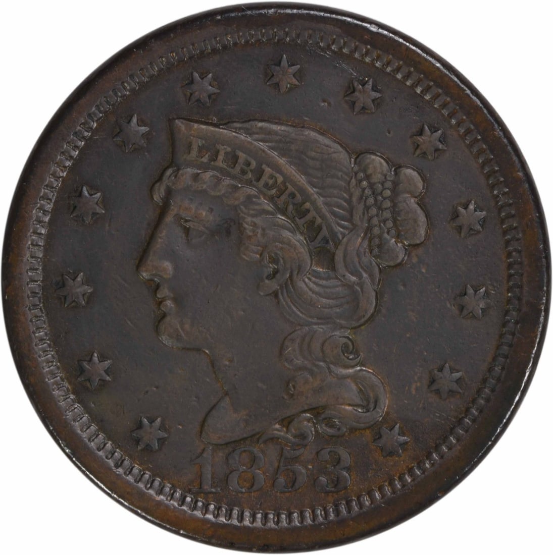 1853 Braided Hair Large Cent EF Copper Coin: 1853 Braided Hair Large Cent EF Copper Coin Explore this 1853 Large Cent, featuring a stunning Braided Hair design by Christian Gobrecht. This coin, minted in Philadelphia, is in EF (Extremely Fine) c