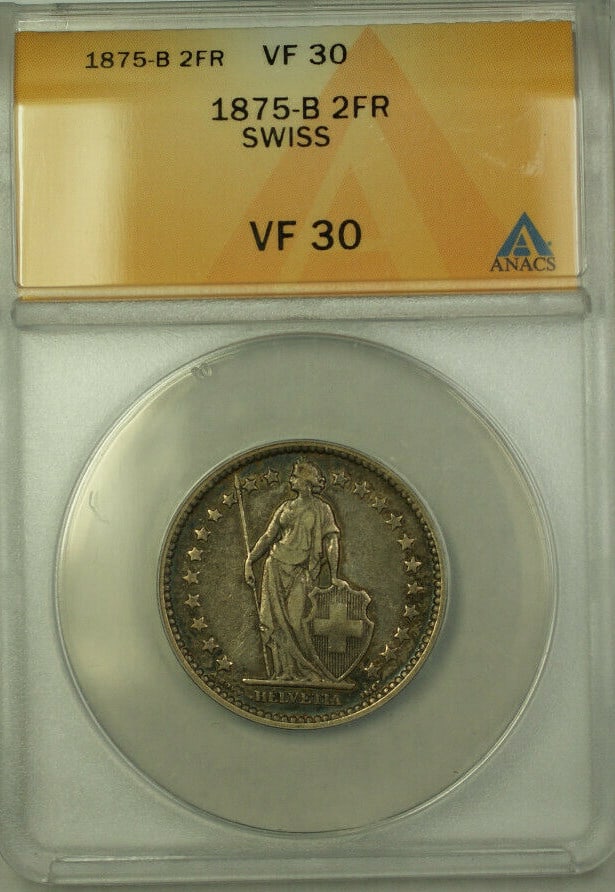 Switzerland 1875-B 2 Francs Silver Coin ANACS VF 30 KM 21: Switzerland 1875-B 2 Francs Silver Coin ANACS VF 30 KM 21 This 1875-B Switzerland 2 Francs coin is composed of 0.835 fine silver and has been graded VF 30 by ANACS. It is a circulated coin from Switze