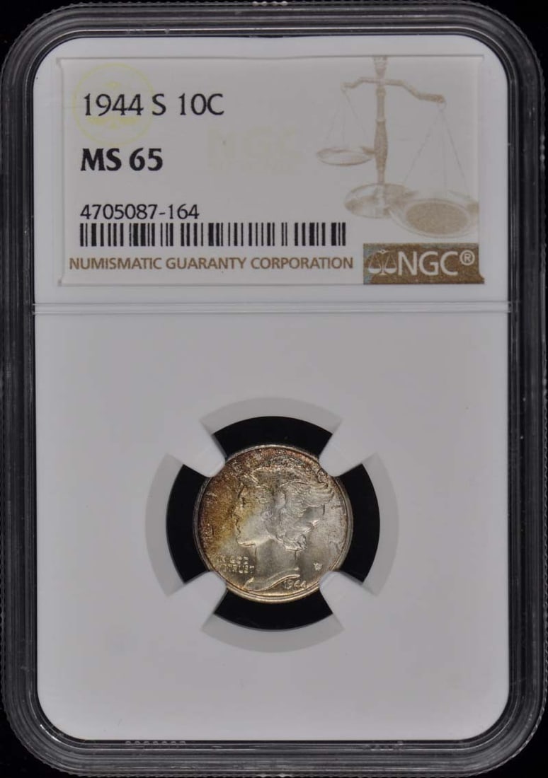 1944-S Mercury Dime 10C NGC MS65 Uncirculated Coin: 1944-S Mercury Dime 10C NGC MS65 Uncirculated Coin This 1944-S Mercury Dime is a stunning example of numismatic excellence, graded MS65 by NGC, indicating an uncirculated condition. Minted in San Fran