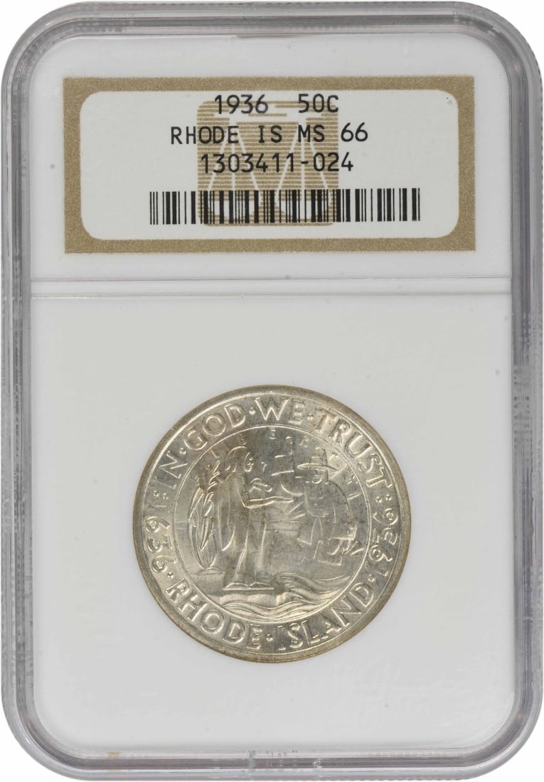 1936 Silver Half Dollar MS66 NGC Rhode Island Commemorative: 1936 Silver Half Dollar MS66 NGC Rhode Island Commemorative This Rhode Island Commemorative Half Dollar from 1936 is graded MS66 by NGC. Struck in silver, this uncirculated coin was issued by the Unit
