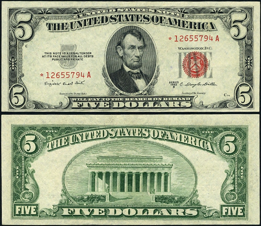 $5 1953-B Legal Tender FR 1534* Uncirculated Star Note: $5 1953-B Legal Tender FR 1534* Uncirculated Star Note This 1953-B $5 Legal Tender note, designated as FR. 1534* and marked with an *-A Block, is an uncirculated example showcasing excellent paper qua