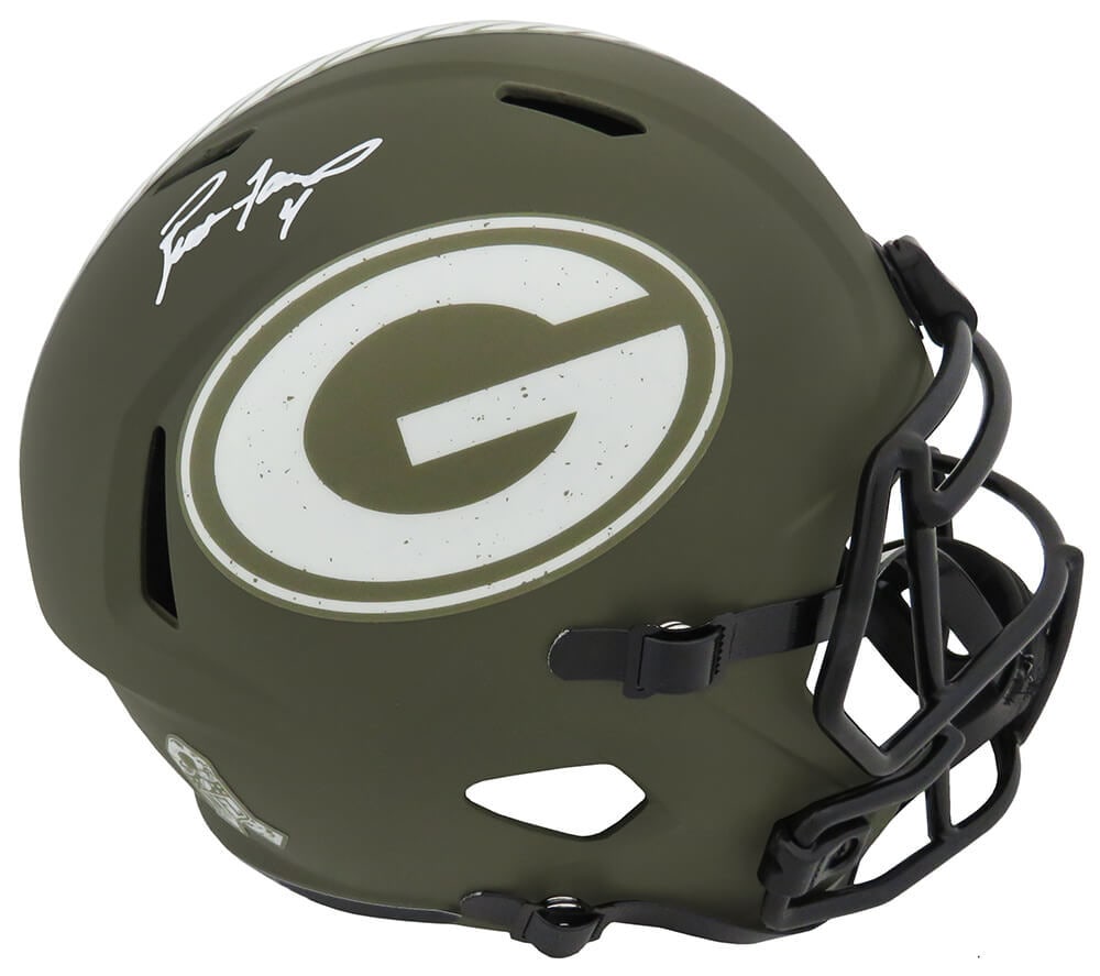 Brett Favre Signed Packers Riddell Full Size Helmet with COA: Brett Favre Signed Packers Riddell Full Size Helmet with COA Celebrate the legacy of Brett Favre with this signed Green Bay Packers Salute to Service Riddell full-size speed replica helmet. This origi