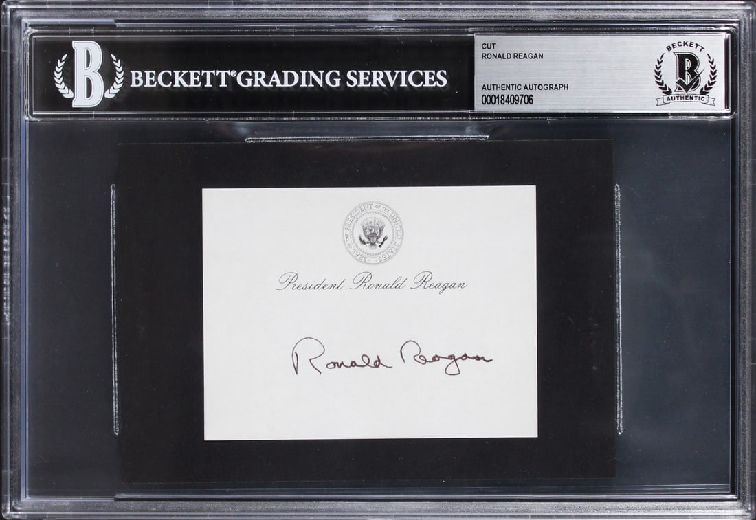 Ronald Reagan Signed 3x4 Cut Signature Authentic Beckett Slab: Ronald Reagan Signed 3x4 Cut Signature Authentic Beckett Slab This authentic 3x4 cut signature has been personally signed by Ronald Reagan, ensuring its authenticity with Beckett Authentication Servic