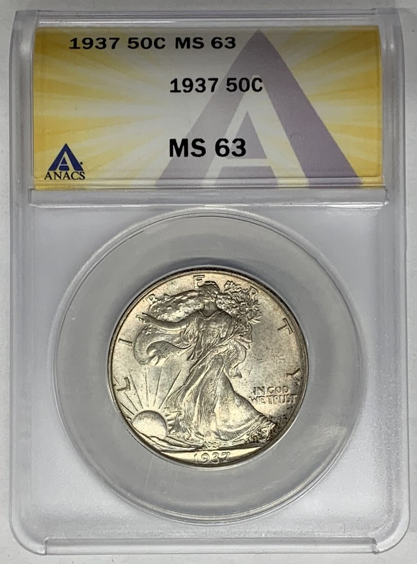1937 Silver Liberty Walking Half Dollar ANACS MS 63 Certified Coin: 1937 Silver Liberty Walking Half Dollar ANACS MS 63 Certified Coin This is a 1937 Walking Liberty Half Dollar coin from the United States. Composed of silver, this coin is uncirculated and has been gr