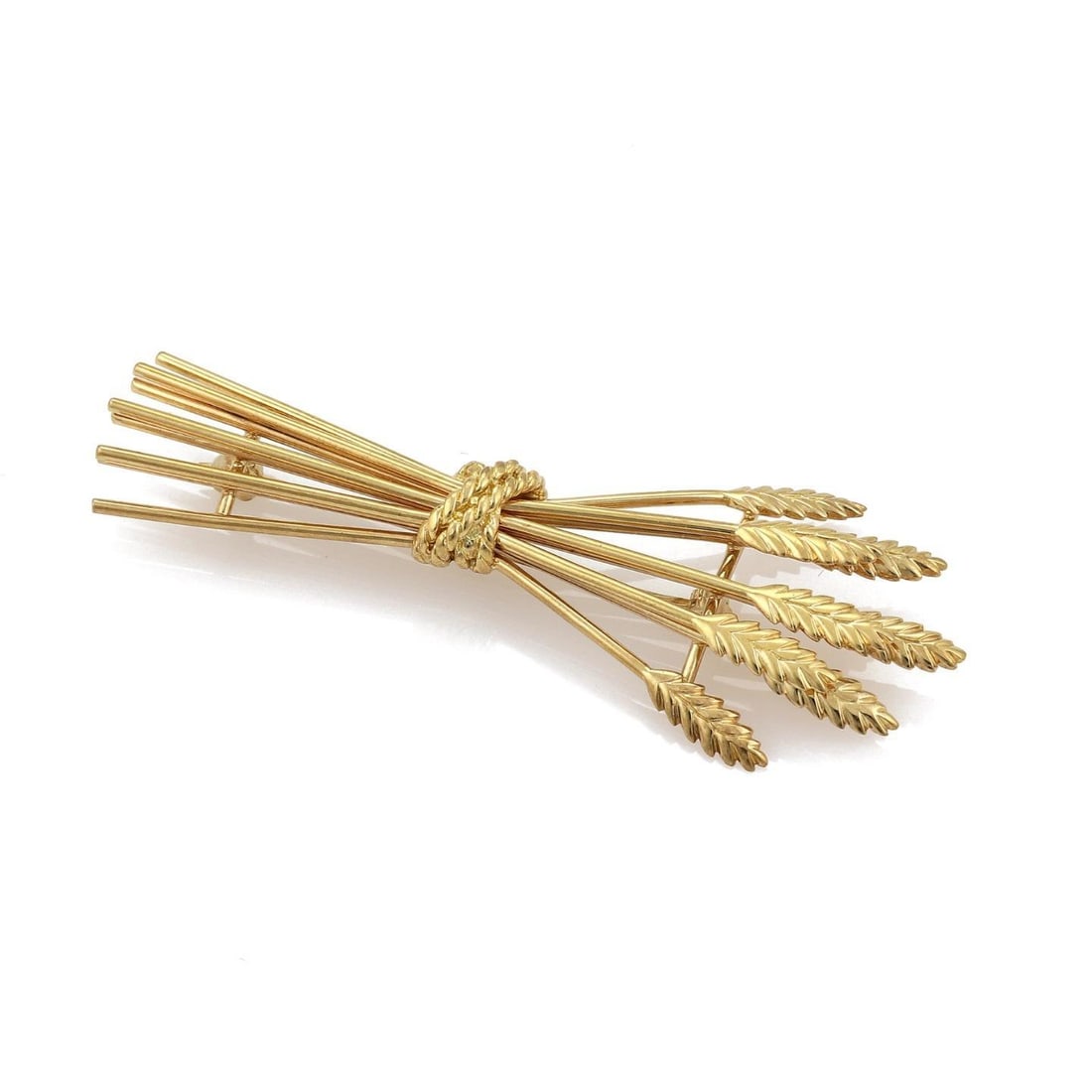 Tiffany & Co. 18k Yellow Gold Wheat Sheaf Brooch Pin: Tiffany & Co. 18k Yellow Gold Wheat Sheaf Brooch Pin This exquisite brooch by Tiffany & Co. showcases a beautifully crafted sheaf of wheat, made from 18k yellow gold. The design features a bunch of wh