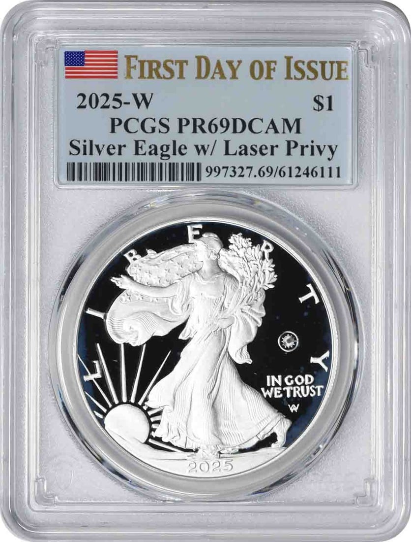 2025-W American Silver Eagle $1 PR69DCAM First Day of Issue PCGS: 2025-W American Silver Eagle $1 PR69DCAM First Day of Issue PCGS This stunning 2025-W $1 American Silver Eagle features a laser privy mark and is graded PR69DCAM by PCGS, indicating its exceptional qu