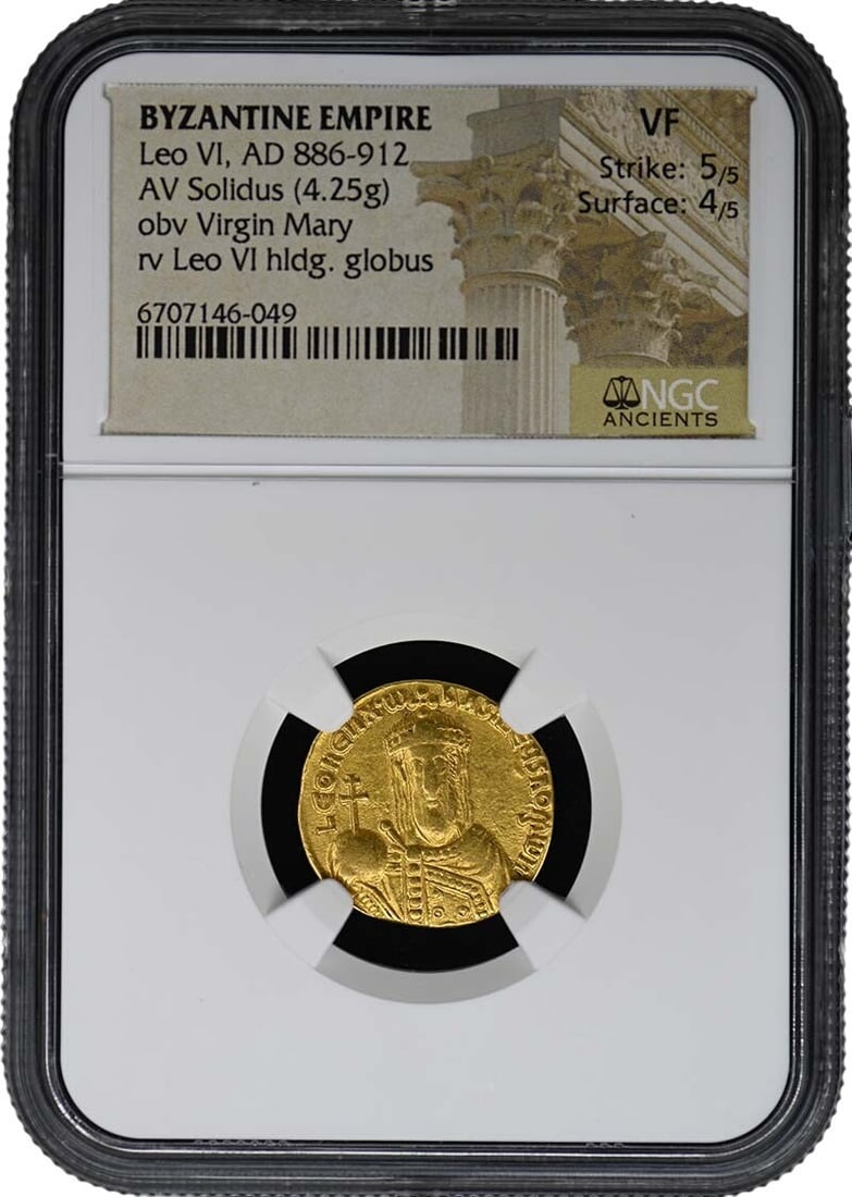 Byzantine Solidus of Leo VI 4.25g NGC VF Featuring Virgin Mary: Byzantine Solidus of Leo VI 4.25g NGC VF Featuring Virgin Mary This is a Byzantine solidus coin from the reign of Leo VI, dating from AD 886-912. The coin is certified by NGC with a grade of VF (Very