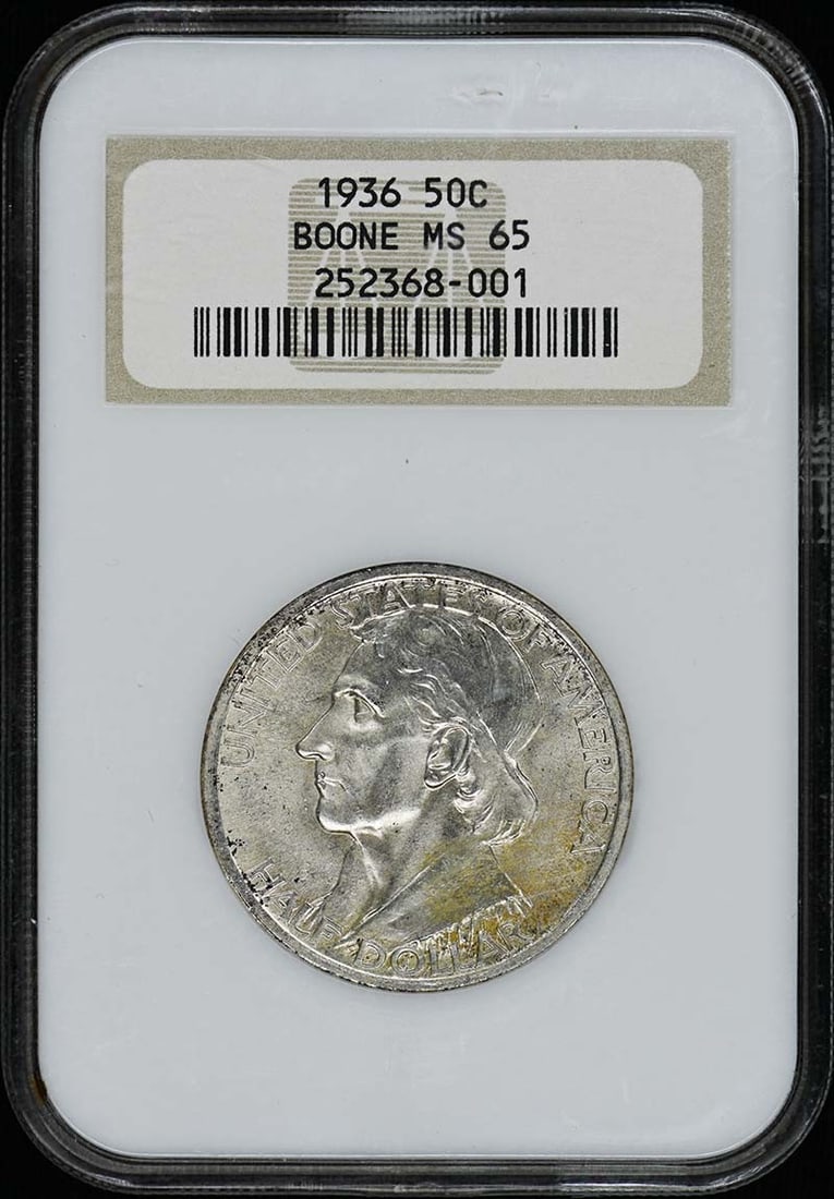 1936 Philadelphia Boone Half Dollar NGC MS65 Silver Commemorative Coin: 1936 Philadelphia Boone Half Dollar NGC MS65 Silver Commemorative Coin This 1936 Boone Silver Commemorative Half Dollar is graded MS65 by NGC. Struck at the Philadelphia Mint, this uncirculated coin f