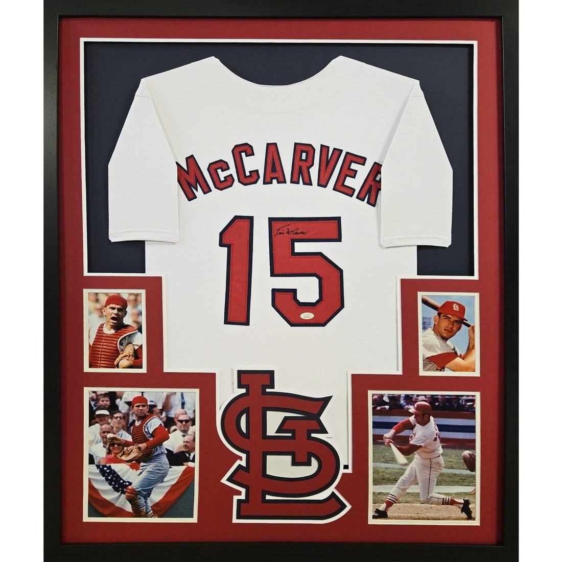 Tim McCarver Signed Jersey Framed JSA Authenticated Cardinals 42x34 inches: Tim McCarver Signed Jersey Framed JSA Authenticated Cardinals 42x34 inches This is a Tim McCarver autographed framed jersey, showcasing the legendary player's signature and the iconic Cardinals logo.