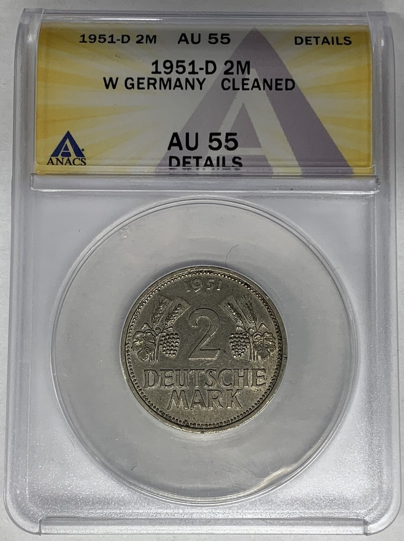 ANACS AU 55 1951-D West Germany 2 Mark Coin Cleaned Details: ANACS AU 55 1951-D West Germany 2 Mark Coin Cleaned Details This is a 1951-D Germany 2 Mark coin, certified by ANACS with a grade of AU 55 Details. The coin has been cleaned and is from the West & Uni