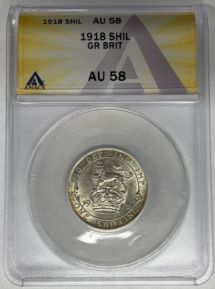 1918 Silver Shilling from United Kingdom ANACS AU 58 Certified: 1918 Silver Shilling from United Kingdom ANACS AU 58 Certified This 1918 Great Britain 1 Shilling coin is composed of silver and has been graded AU 58 by ANACS. It is a pre-owned coin from the United