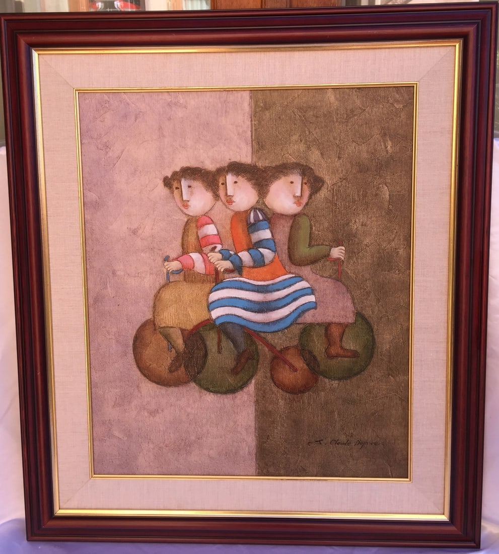 Mid 1900s French Oil Painting Girls on Tricycle by J Claude Dopree: Mid 1900s French Oil Painting Girls on Tricycle by J Claude Dopree Discover an exquisite mid-1900s French oil painting on canvas, beautifully framed, depicting three young girls joyfully riding a tric