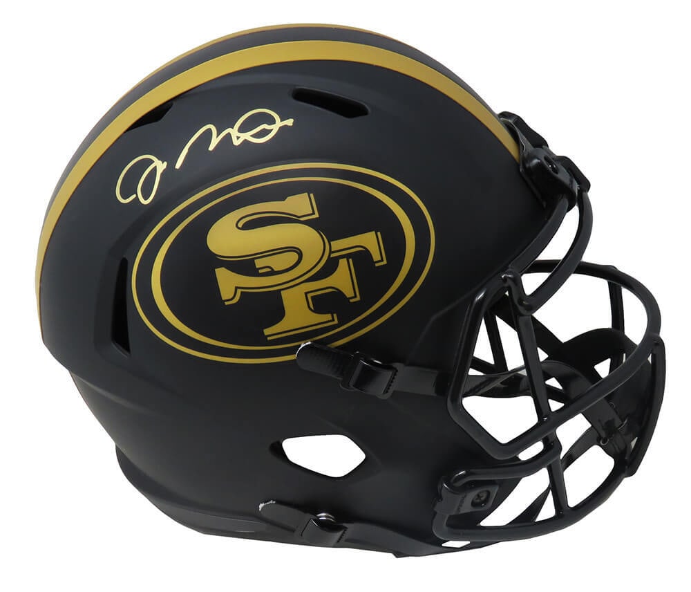 Joe Montana Signed 49ers Eclipse Matte Riddell Full-Size Helmet with COA: Joe Montana Signed 49ers Eclipse Matte Riddell Full-Size Helmet with COA This is a Joe Montana signed San Francisco 49ers Eclipse black matte Riddell full-size speed replica helmet. Joe Montana, a Hal