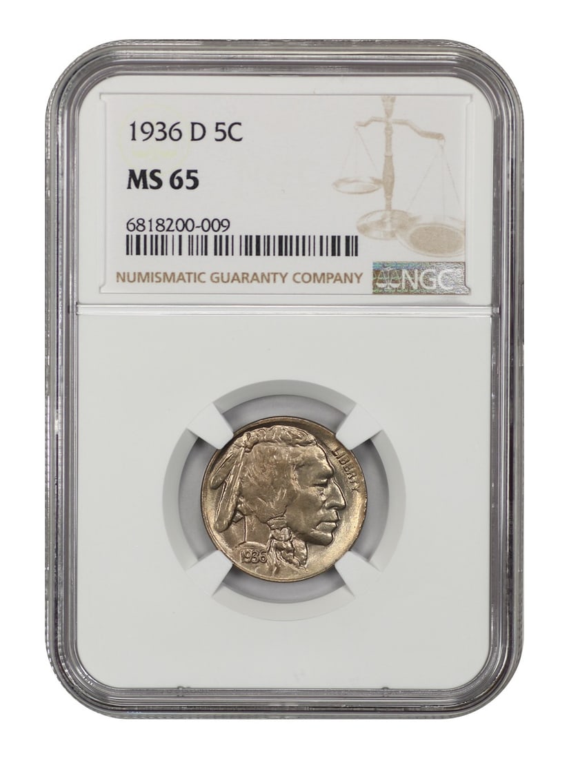 Buffalo Nickel 1936 Denver Five Cent NGC MS65 Graded Coin: Buffalo Nickel 1936 Denver Five Cent NGC MS65 Graded Coin This 1936-D Buffalo Nickel is graded MS65 by NGC and comes from the Denver Mint. It is an uncirculated coin, representing the Buffalo Nickel s