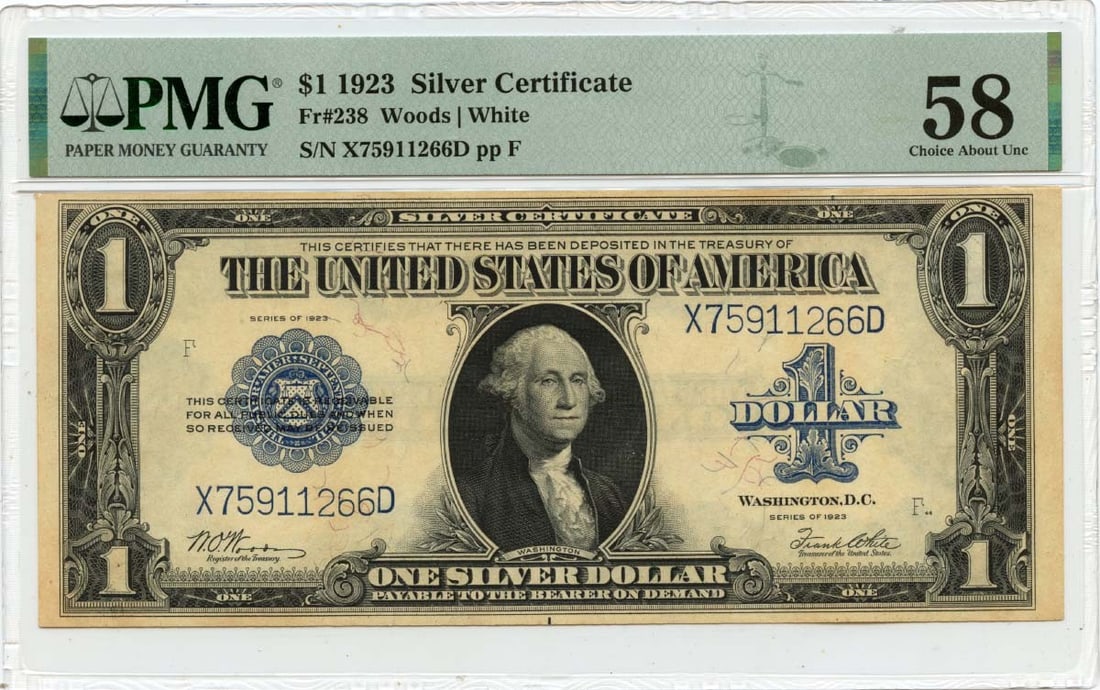1923 Silver Certificate One Dollar PMG AU58 Graded United States Note: 1923 Silver Certificate One Dollar PMG AU58 Graded United States Note This 1923 $1 Silver Certificate, designated FR#238, is a circulated note from the United States. It has been graded AU58 by PMG an