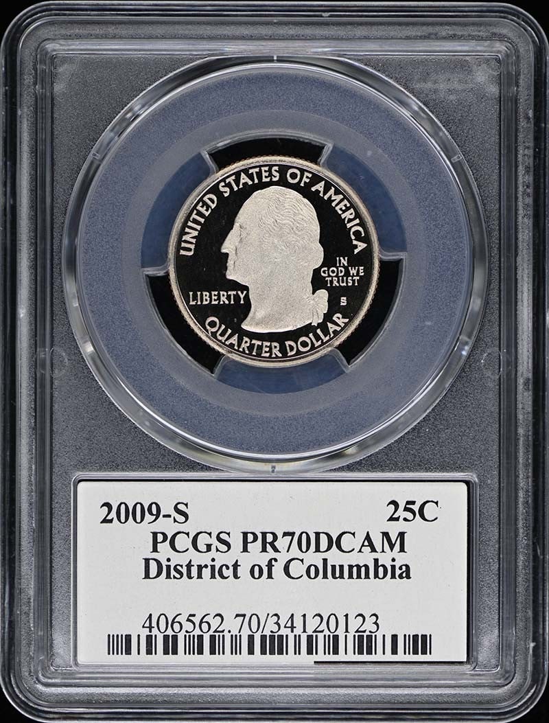 2009-S Washington Quarter PCGS PR70DCAM Uncirculated Proof Coin: 2009-S Washington Quarter PCGS PR70DCAM Uncirculated Proof Coin This 2009-S 25C District of Columbia Washington Quarter is certified by PCGS with a pristine grade of PR70DCAM, indicating it is an unci